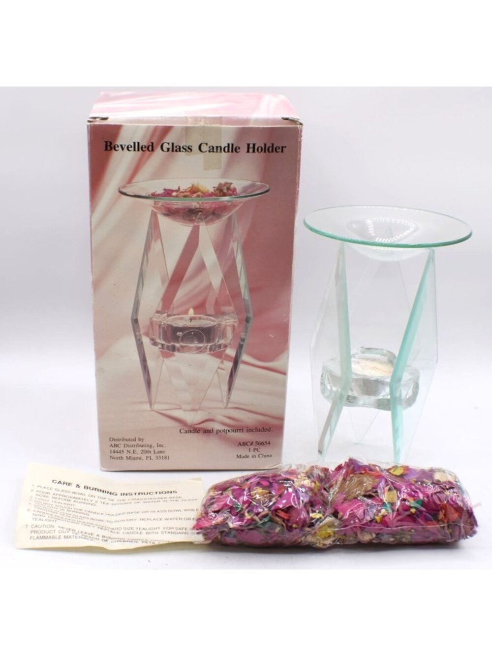 Diamond Shape Beveled Glass Candle Holder Bowl Potpourri Set Aromatherapy Vtg